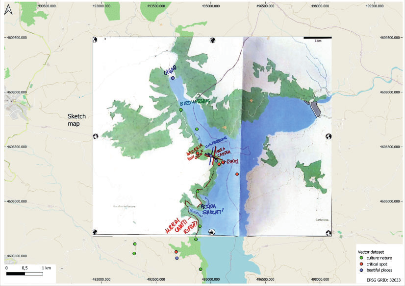 A Sketch Map of the area around the Occito lake in QGIS software.