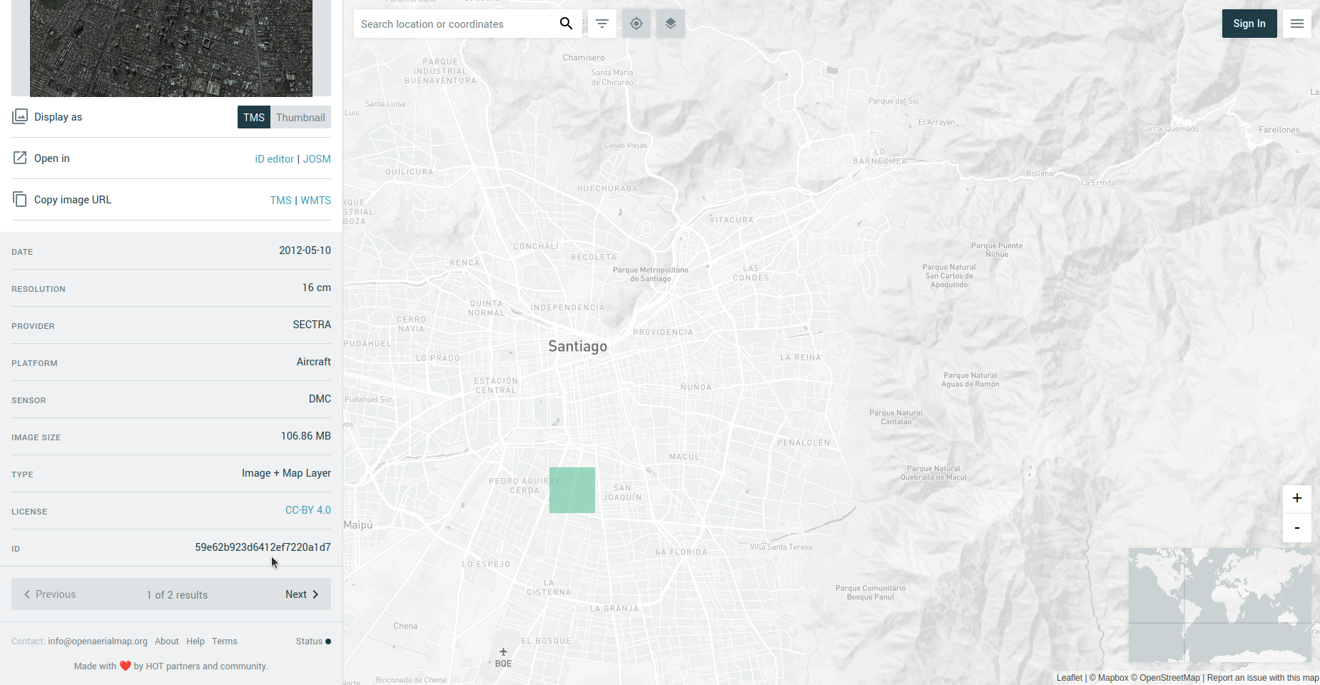Screenshot of OpenAerialMap